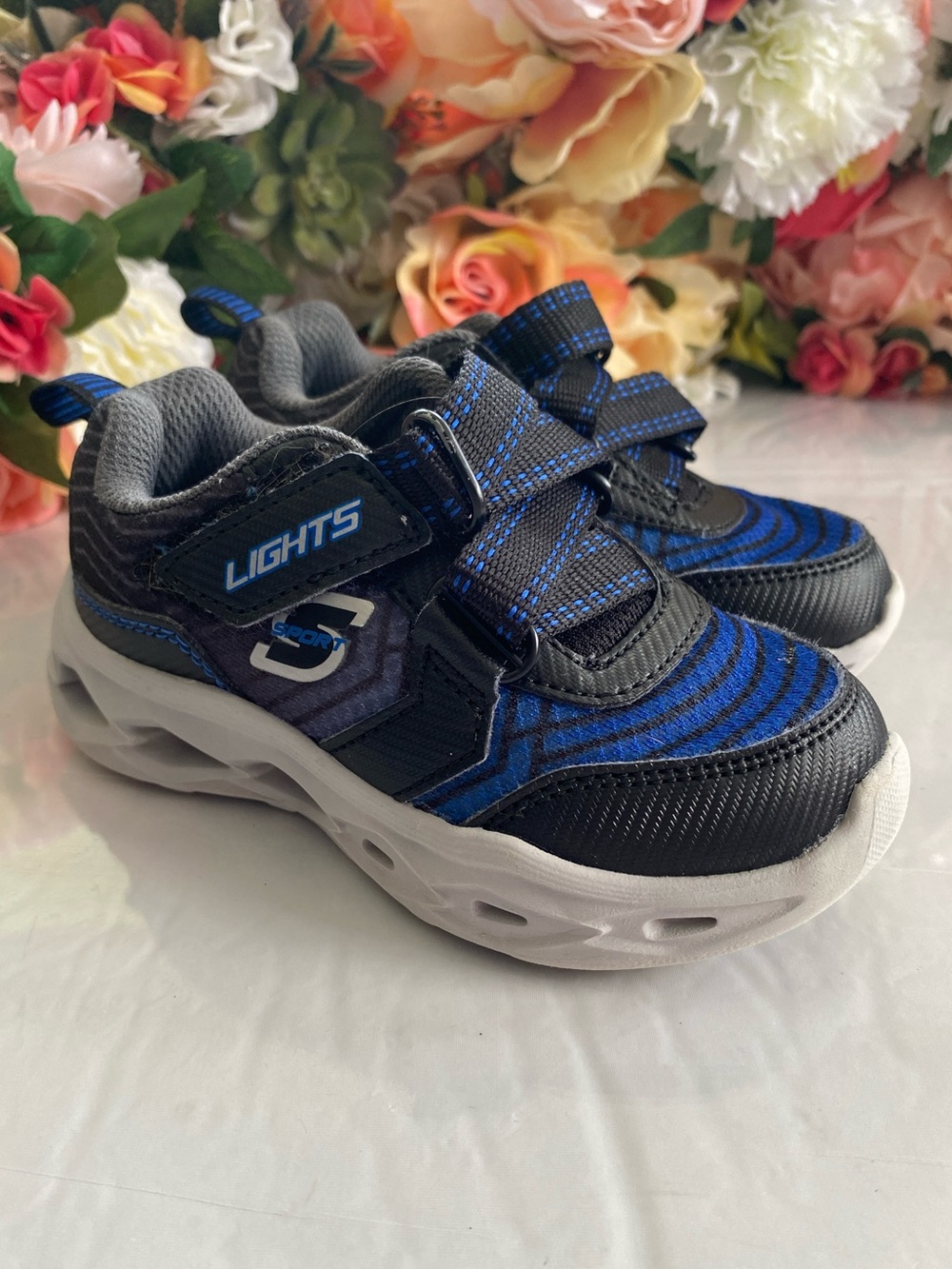 S Sport by Skechers Hernan Lights Black Blue Boys Hook Loop Sneakers Size 7